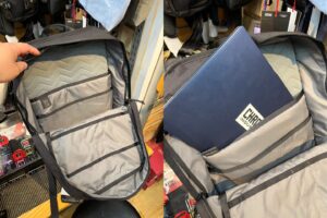 17インチまで収納可能なパッド入りPCスリーブを備えたバックパックの背面構造