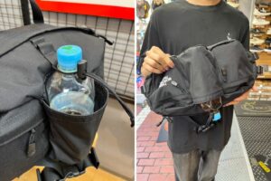 ドローコード付きでペットボトルを安全に収納できる前面ドリンクホルダー