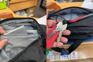 「仕分けに便利なメッシュ・スリットポケットと背面ファスナー＆キークリップ付きポケット